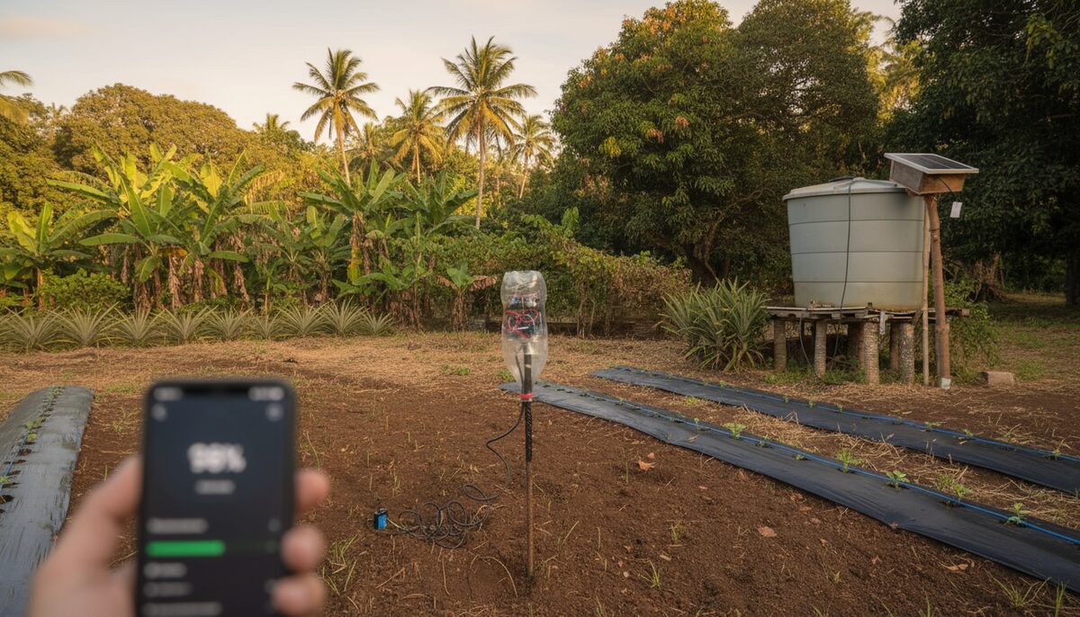 The whole toolkit standing in the field at dusk: a soil node in a cut plastic bottle on a
        post in the mulched rows, a water tank on a timber stand with a solar panel beside it, and a
        hand holding a phone showing the current soil reading.
