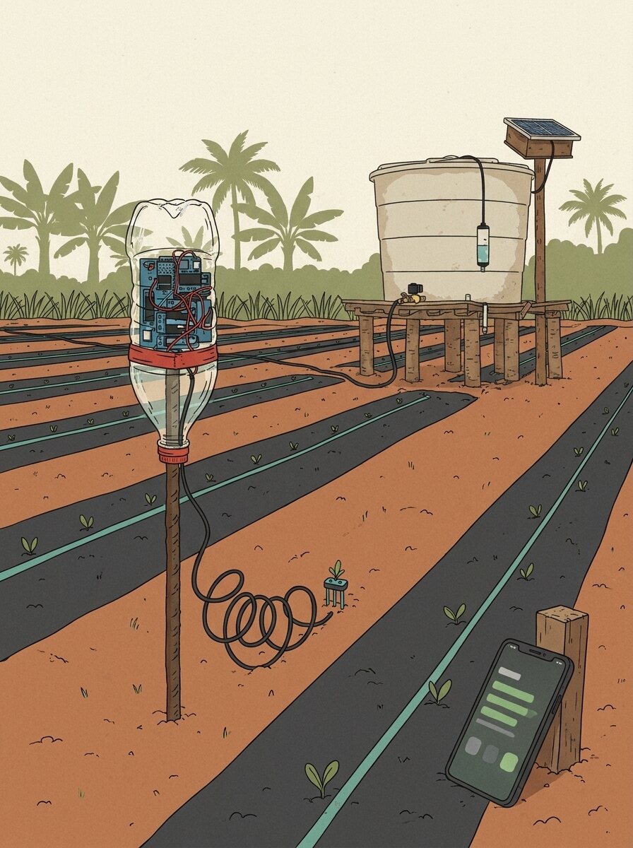 An illustrated farm field of mulched rows with drip line: a soil node housed in a cut
      plastic bottle on a post with its probe in the ground, a water tank on a timber stand with a
      pressure probe hanging inside and a solar panel above it, and a hand holding a phone showing
      the readings.